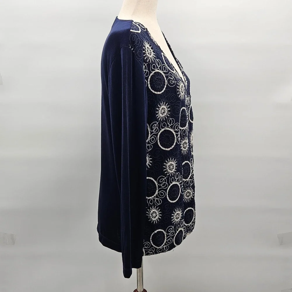 Navy Blue Embroidered Mesh Front Hook‎ and Eye Cardigan Long Sleeve V-Neck